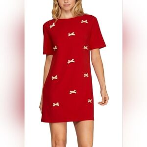 She + Sky Red Bow Mini Dress Large NWT Knit Shift Pockets Statement